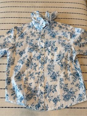 Old Navy Reworked Button-Down Shirt with Blue Floral Print & added ruffle collar